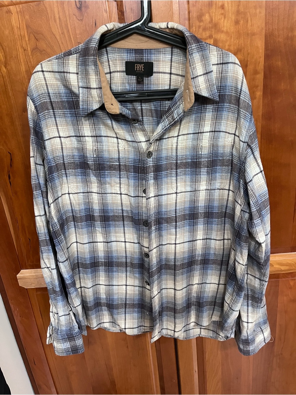 FRYE Blue and White Plaid Long-Sleeve Button-Down Shirt